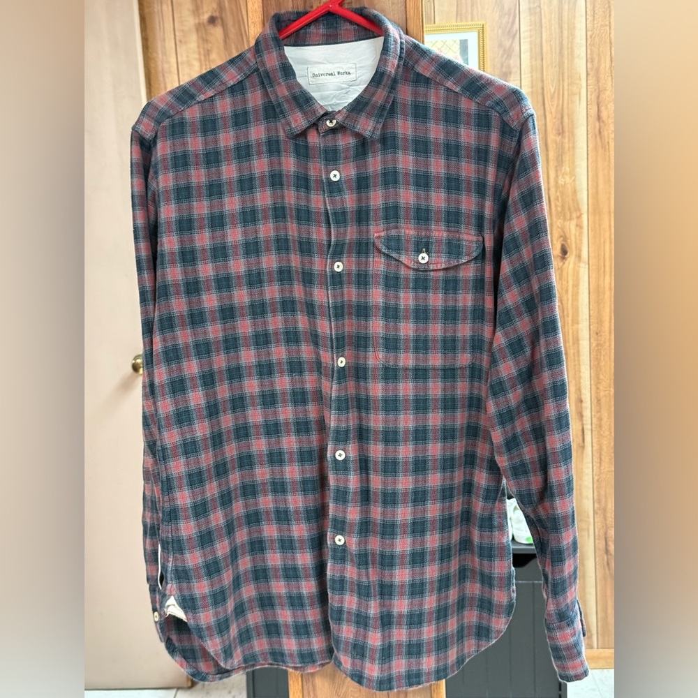 Universal Works Men's Red & Gray light weight plaid pocket Button-Down Shirt.
